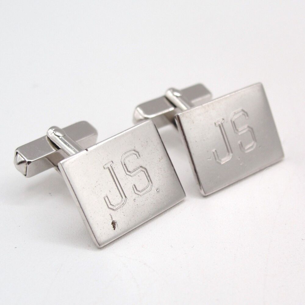 Vintage Swank Silver Tone Initial JS Monogram Cufflinks Square Engraved Men's